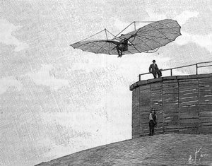 Otto Lilienthal (1848-1896), tysk flygteknikpionjär, som hoppar från sitt trätorn med sitt flygande flygplan (från ett ögonblickligt fotografi). Gravyr i "" La Nature: revue des sciences et de leurs applications aux arts et a l