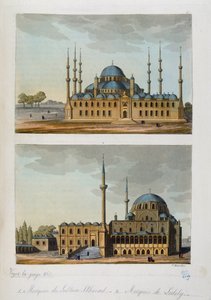 Osmanska riket: Blå moskén (eller Sultanahmet Camii) byggd av Sultan Ahmet (Ahmed) I och moskén av Laleli i Istanbul - i "" Den antika och moderna kostymen""" av Ferrario, ed Milan av Unknown artist