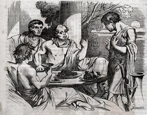 Utomhus bankettscen - Vitellius (Aulus Vitellius Germanicus Imperator Augustus) Romersk kejsare (15-69) ger en fest - gravering i "" The Universal Health - Medical Guide for Families"" 1852 av Unknown artist