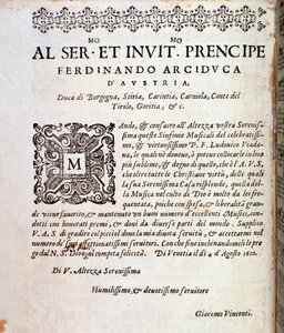 Sida med dedikation till Ferdinand av Österrike i musikmusik av symfonier av Ludovico Viadana av Unknown artist