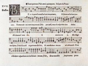 Sida med partitur av Beati kvorumpsalm XIII av Willaert (1538) av Unknown artist