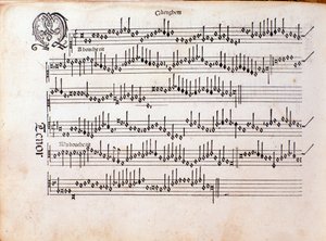 Sida med partitur av Harmonice Musices Odhecaton av Ottaviano Petrucci (1501) av Unknown artist