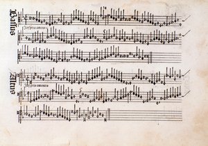 Sida med partitur av Harmonice Musices Odhecaton av Ottaviano Petrucci (1501) av Unknown artist
