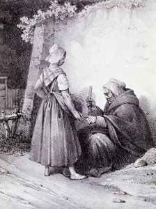 Palmistry: en gammal spåkvinna läser en ung flickas hand (gravyr) av Unknown artist