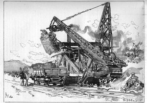 Panamakanalen fungerar. Huvudmaskiner: Osgood grävmaskin. Gravyr i "" Le Monde Illustré"" av Unknown artist