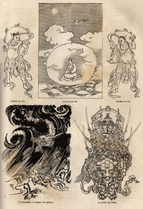 Pantheon av japanska gudar, traditionell representation av några typiska figurer: himlens drottning flankerad av två vakter; Maki Tats, tyfonens drake och vapenbossen. Gravyr för att illustrera resan till Japan 1863-1864, av Aime Humbert, m. av Unknown artist