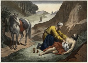 Liknelsen om den barmhärtige samariten - Liknelsen om den barmhärtige samariten: samariten stannade på väg för att rädda den döende mannen. Anonym gravyr från mitten av 1800-talet. av Unknown artist