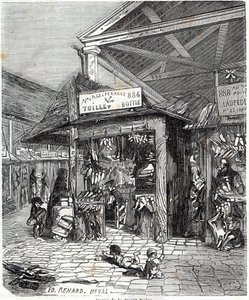 Paris 3:e arrondissement - Carre de la Foret-Noire: försäljning av läder och skor i Le Carreau du Temple på 1800-talet - Gravyr i "" Tableau-de-Paris"" av Edmond Texier av Unknown artist