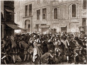 Paris IV arrondissement - Rue Quincampoix 1720 under John Laws system (1671 - 1729) - "" Uppståndelsen på rue Quincampoix"" (konkurs orsakad av Law) - Utsikt över rue Quincampoix med spekulanterna vid tiden för John Laws system, av Unknown artist