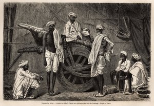 Bönder från Scind (Punjab-regionen, Indien), bredvid sina jordbruksmaskiner. Gravyr för att illustrera resan till Pandjab och Kashmir, berättelse av Guillaume Lejean, 1866, publicerad i "Le tour du monde, nouveau journal des voyages", under direktivet av Unknown artist