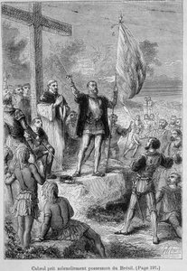 Pedro Alvarez Cabral, portugisisk sjöfarare (1460-1526) tar Brasilien i besittning, som han kallade Terra de Santa Cruz, omkring 1500. Gravyr från 1800-talet. av Unknown artist