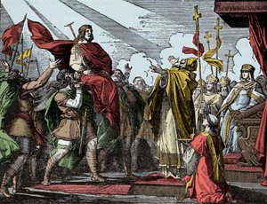 Pepin utropad till kung av frankerna - Sacre of Pepin the Brief (714-768), Basilica of Saint Denis, 28 juli 754: Påven Stefan II invigde honom till kung av frankerna och Patrice av romarna (Patricius Romanorum) av Unknown artist