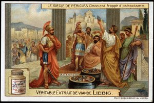Perikles-talet (495-429 f.Kr.): statsman och strategi Cimon (510-449 f.Kr.) drabbas av utfrysning, 461 f.Kr. - Liebig-kromolitografi av Unknown artist
