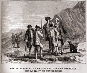 Perrier som mäter höjden på barometern (kvicksilverrör) av Evangelista Torricelli eller Torricelli på toppen av Puy-de-Dôme den 20 september 1618, gravyr från 1800-talet, Bianchetti-samlingen. av Unknown artist
