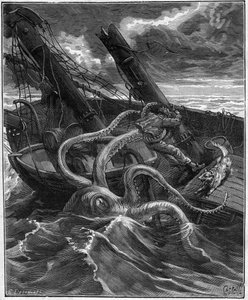 Perilleous Adventures Of Narcissus Nicaise In Congo - av Armand Dubarry 1836 -1910 - han hade framför sig ett formidabelt marint monster (Giant octopus) (Giant octopus) - gravyr i Journal des voyage de 1881 - av Unknown artist