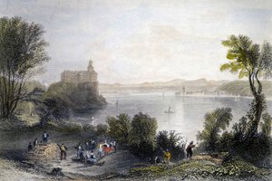 Persenberg slott i Tyskland. I förgrunden träarbetarna på jobbet. Gravyr av 1800-talet. av Unknown artist