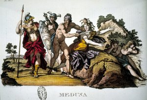 Perseus och Medusa, en av de tre Gorgonerna - i Mythological Dictionary av Unknown artist