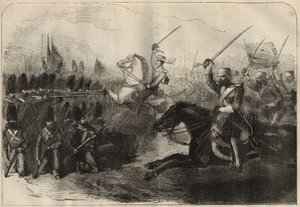 Persiska Anglo (anglo-persiska) kriget (1856-1857): laddningen av det tredje brittiska indo-kavalleriet under befäl av kapten Forbes under slaget vid Koosh-Ab (Koosh Ab, Kooshab) den 8 februari av Unknown artist