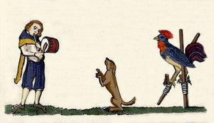Tränade husdjur: en hund och en tupp dansar på stillbilder till trummans rytm. Gravyr från ett manuskript från 1344 från Bodleian-biblioteket i Oxford. av Unknown artist