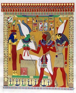 Farao Merenptah 1st (eller Mineptah, Merneptah) (1213-1204 f.Kr.) guidad av Horus i närvaro av Osiris och Athyr infernal. Från vänster: Athyr, Osiris, Merenptah I och Horus. (Biban-el-Moluk) - i "" Monuments of Egypt and Upper Nubia"" av Ippolito Rosel av Unknown artist