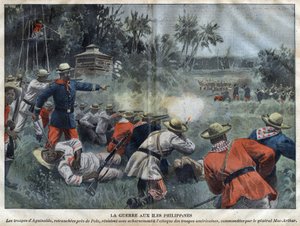 Filippinska amerikanska kriget - Amerikansk-filippinska kriget (Philippine Americano) - Emilio Aguinaldos trupper, avskurna nära Polo, motsätter sig häftigt attacken av amerikanska trupper under kommando av general Mac-Arthur - gravyr i "Le-Pelerin" 1899 av Unknown artist