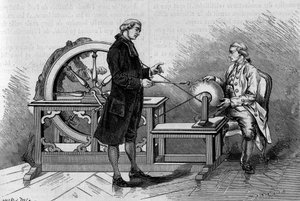Fysikupplevelse på 1700-talet: glöd som produceras av en elektrisk maskin. (Från Abbe Nollet). Gravyr i "" La Nature: revue des sciences et de leurs applications aux arts et a l