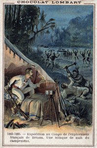 Pierre Savorgnan de Brazza (1852-1905), fransk upptäcktsresande, vid Kongos strand. En nattattack mot lägret. av Unknown artist