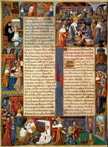 Pietescen: "" Kung Ludvig IX (1214-1270) (Saint Louis) tvättar de fattigas fötter, kungen ber och scener av kristen välgörenhet från kungen"" Miniatyr från ett manuskript "" The Book of Facts of Monsignor Saint Louis”” 1400-talet. Paris, B.N av Unknown artist