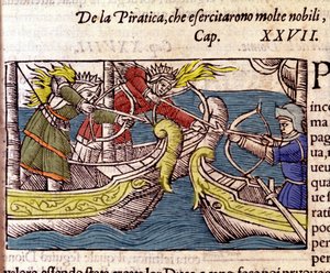Piratkopiering utövades av många skandinaviska adliga kvinnor. Gravyr från "History of the Northern Nations" av Olaus Magnus, Venedig 1567. av Unknown artist