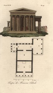 Plan och höjd av Erechtheion eller Erechtheum A, Temple of Neptune B, Temple of Minerva Polias med Porch of the Caryatids C, och Temple of Pandrosus eller Pandrosion D av Unknown artist