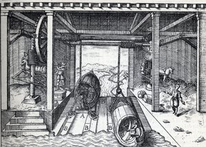 Planera lutning för båtar på 1500-talet på lagunerna vid Brenta (floden) i norra Italien. Gravyr i "" La Nature"" av Unknown artist