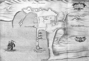 Plan av Rhodos (Rodos) - i "" Voyage de levant gjord av kungens befallning år 1621", redigerad 1629 (under Ludvig XIII Le Justes regering) av Unknown artist