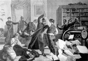 Polis bröt sig in i ett hus på Sapernaja Street (St. Petersburg) där den nihilistiska tidningen "The National Will"" trycks i hemlighet. av Unknown artist