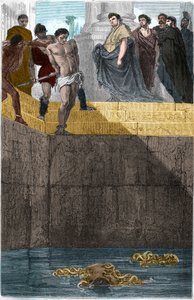 Pollion Vedius, romersk gastronom, känd för sin grymhet mot sina slavar. För att fånga dem skulle han kasta dem levande till sina muren. En dag åt Augustus (Caius Octavius Thurinus) hemma hos honom, så han gjorde en slavfällning, skyldig till att ha brutit av Unknown artist