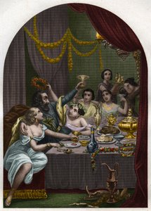Påven Alexander VI (1431-1503) (Alessandro, Rodrigo Borgia) Rodrigue Borgia firar sin dotter Lucrece Borgias (Lucrezia) bröllop med 50 kurtisaner i Vatikanen. Gravyr från 1842 i ”Histoire des popes: brott, mord, förgiftningar, parrici av Unknown artist