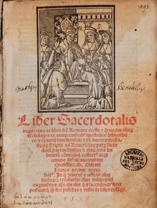 Påven Leon X tar emot boken Frontispice of the liturgy book "Liber Sacerdotalis"" av Castellini av Unknown artist