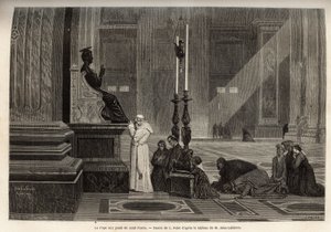 Påven Pius IX (pio 9) (1792-1878) samlad vid foten av statyn av St. Peter, vid ingången till basilikan, i Vatikanen. Gravyr för att illustrera Romberättelsen, av Francis Wey, 1864-1868, publicerad i "" le tour du monde", redigerad av D