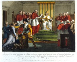 Påven Pius VII (1742 - 1823) excommunerade Napoleon Bonaparte den 10 juni 1809. Gravyr från 1800-talet. av Unknown artist