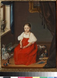 ""Porträtt av en liten flicka i en röd klänning som poserar bland sina leksaker"" (Porträtt av en flicka i en röd sarafan med leksaker) Anonym målning omkring 1840 Konst- och pedagogiskt leksaksmuseum, Sergiyev Posad av Unknown artist