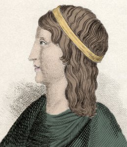 Porträtt av Apulee (Lucius Apuleius) (cirka 125-cirka 180), latinsk filosof och författare, av berberiskt ursprung (Algeriet), författare till "" Les Metamorphoses" (Gyllene åsnan eller Asinus aureus). Gravyr av 1800-talet. av Unknown artist