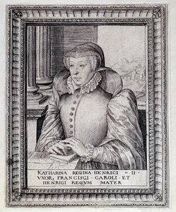 Porträtt av Catherine de Medicis (Caterina de Medici) (1519-1589), Frankrikes drottning. Gravyr av 1500-talet. Pau, Musée du Chateau av Unknown artist