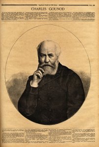 Porträtt av Charles Gounod (1818-1893), en fransk kompositör, känd för sina operor (Faust 1859, Romeo och Juliette 1867), han komponerade också symfonier och många melodier till dikterna av Alfred de Musset (1810-1857) och Victor Hugo (1802-1885). Engr av Unknown artist