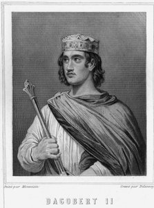 Porträtt av Dagobert II (? -?), kung av Austrasien - i "" Histoire des Français"" av Lavallée, gravyr, sd. av Unknown artist