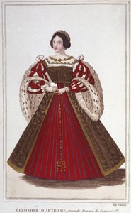 Porträtt av Eleonore av Habsburg (eller Österrike) (1498-1558). Ärkehertiginna av Österrike, drottning av Portugal sedan drottning av Frankrike, andra fru till Francois I. gravyr från 1830 av Unknown artist