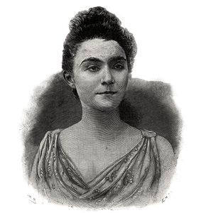 Porträtt av Emma Laure Esther Guilbert, dit Yvette Guilbert (1865-1944) Fransk sångerska vid kaffekonserten - Gravyr från 1892 av Unknown artist