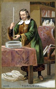 Porträtt av Evangelista Torricelli eller Toricelli (1608 - 1647), italiensk fysiker med sin uppfinning Barometern (kvicksilverrör). Kromolitografi av 1800-talet. av Unknown artist