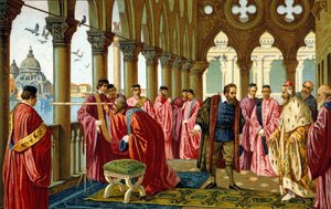 Porträtt av Galileo Galilei dit Galileo (1564 - 1642) visar den långa utsikten för dogen i hans hertigpalats i Venedig. av Unknown artist