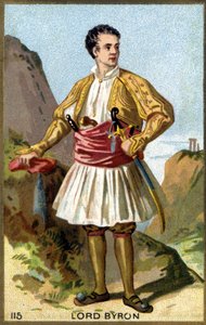 Porträtt av George Gordon Noel, 6:e baron Byron, Lord Byron (1788 - 1824) klädd i grekiska. Kromolitografi av 1800-talet. av Unknown artist