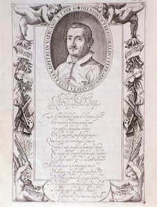 Porträtt av Girolamo Frescobaldi (1583-1643) italiensk kompositör Gravyr från frontispice av "" Tocrate "" partitur. 1637. Bologna, Civic Museum Museum av Unknown artist