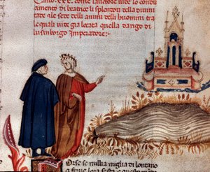 Porträtt av den italienska poeten Dante Alighieri med Vergilius tittar på Henrik VII:s tron (sång 20 från Paradiset, i den gudomliga komedin) - Miniatyr av Unknown artist